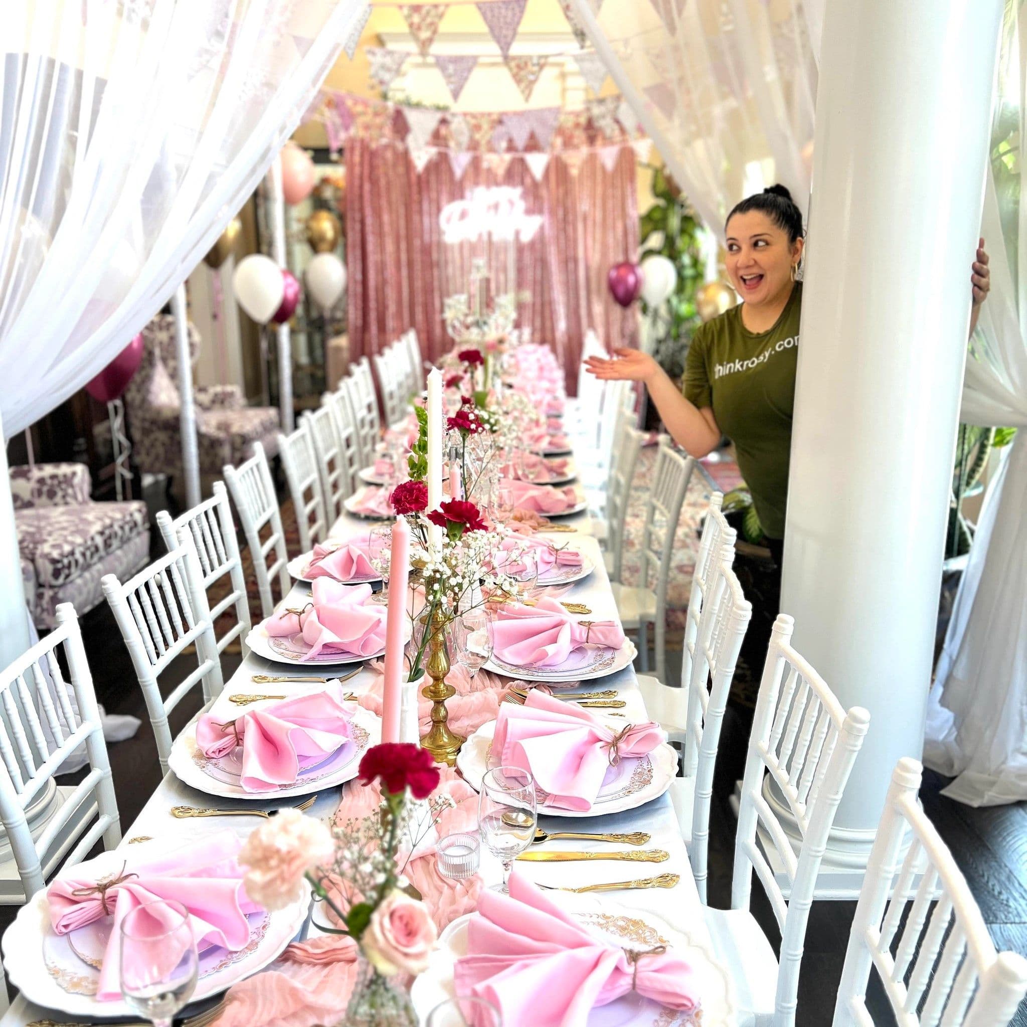 Rosy beside a beautifully styled celebration table